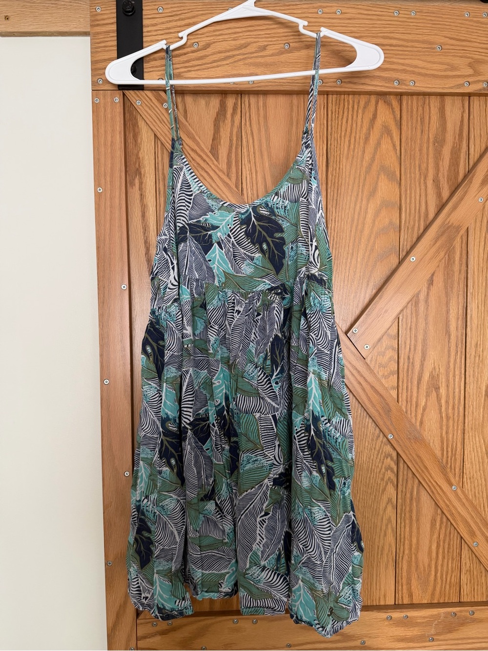 Roxy Teal and Navy Leaf-Print Mini Sundress